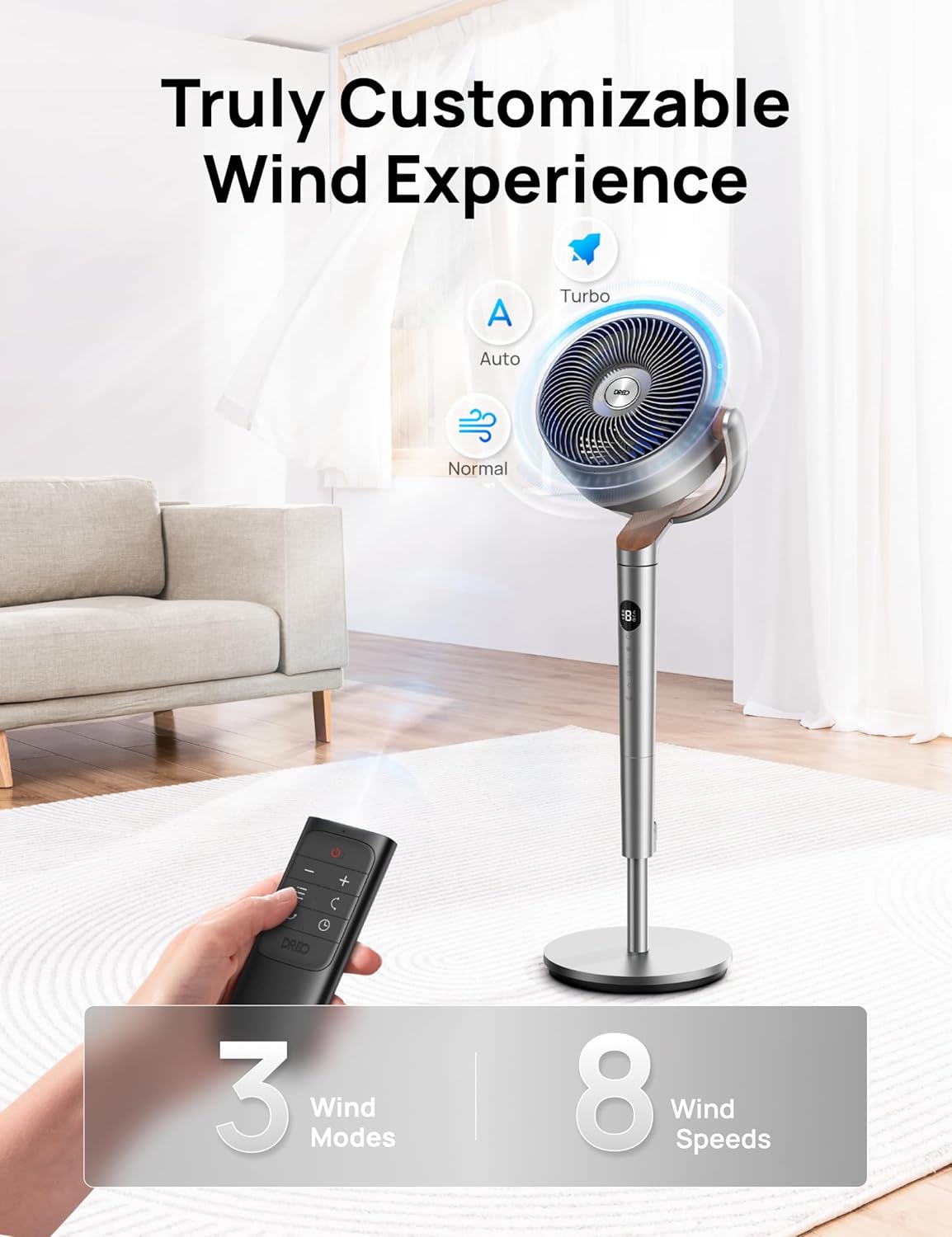 Dreo Standing Fan, 120°+120°Omni-directional Oscillating Fan For Bedroom, 85 ft Circulator With Remote, DC Motor Quiet Pedestal Fans, Adjustable Height, 8 Speeds, 3 Modes, 8H Timer, Home, PolyFan 502