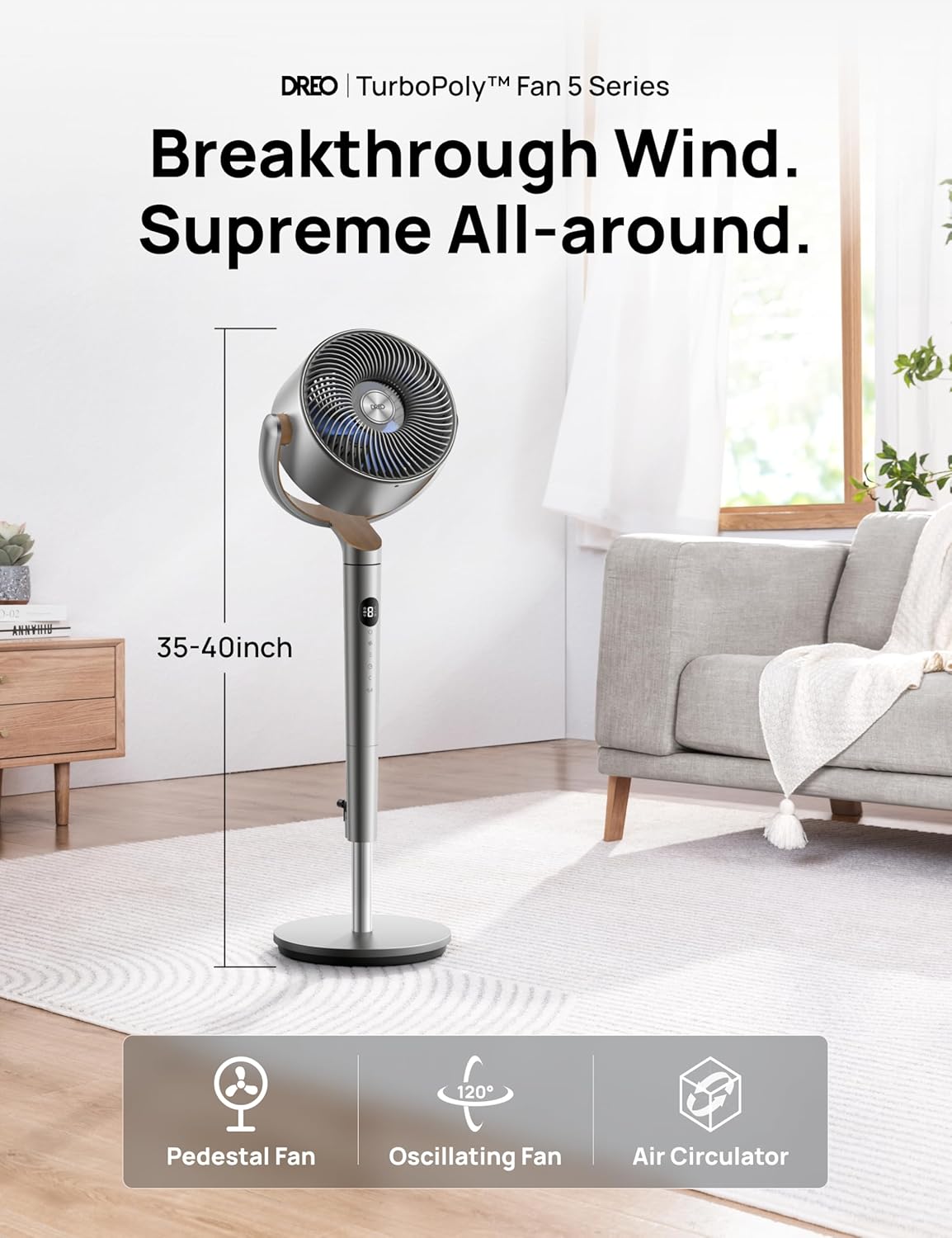 Dreo Standing Fan, 120°+120°Omni-directional Oscillating Fan For Bedroom, 85 ft Circulator With Remote, DC Motor Quiet Pedestal Fans, Adjustable Height, 8 Speeds, 3 Modes, 8H Timer, Home, PolyFan 502