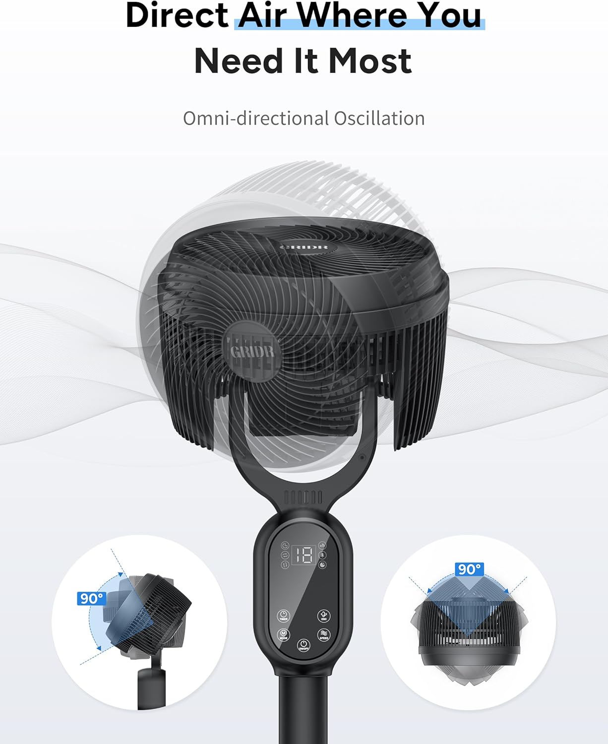Fan For Bedroom, Pedestal Fans 90°+90° Smart Oscillating, Standing Fans for Home 12 Speeds, 4 modes, Quiet Floor Fan with DC Motor 20dB, 12H Timer, 90ft for Room, 22-35'' Adjustable Height-Black
