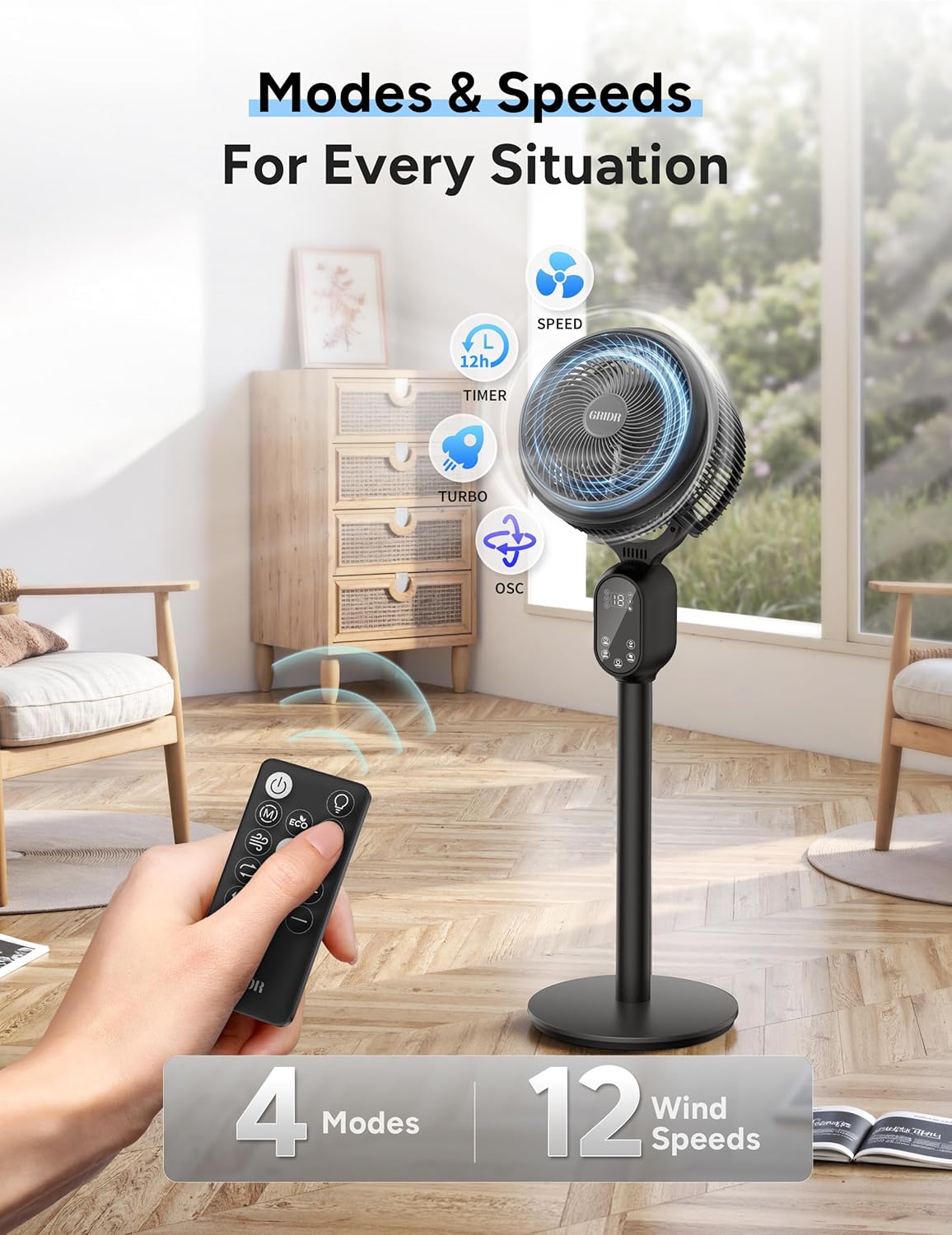 Fan For Bedroom, Pedestal Fans 90°+90° Smart Oscillating, Standing Fans for Home 12 Speeds, 4 modes, Quiet Floor Fan with DC Motor 20dB, 12H Timer, 90ft for Room, 22-35'' Adjustable Height-Black